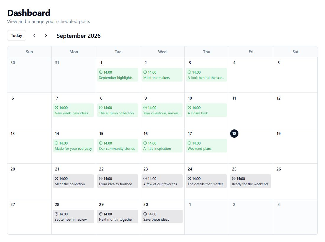 2TwoGroup calendar showing a month of sample posts, with published posts in green and upcoming scheduled posts in gray.